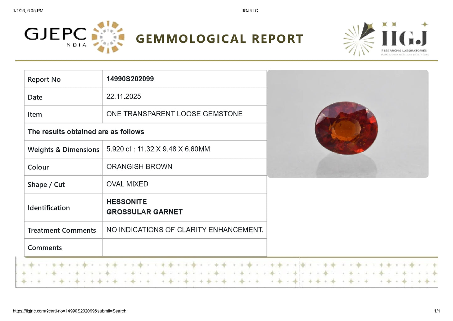 NATURAL HESSONITE (GOMED) 5.92 CARATS