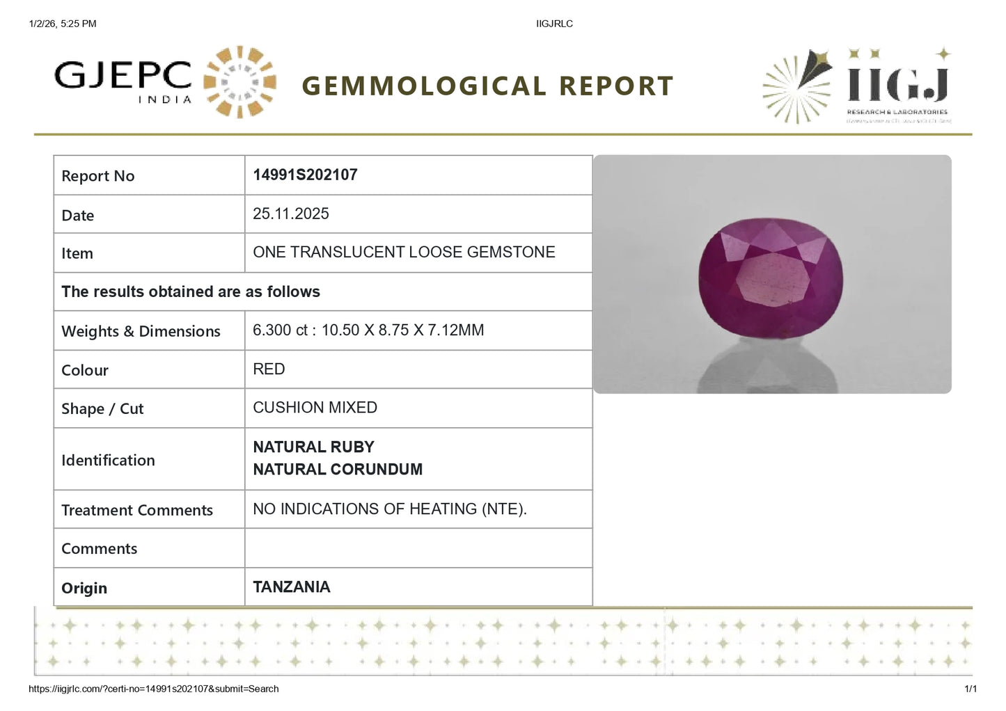 Natural Ruby (Manik) 6.30 Carats