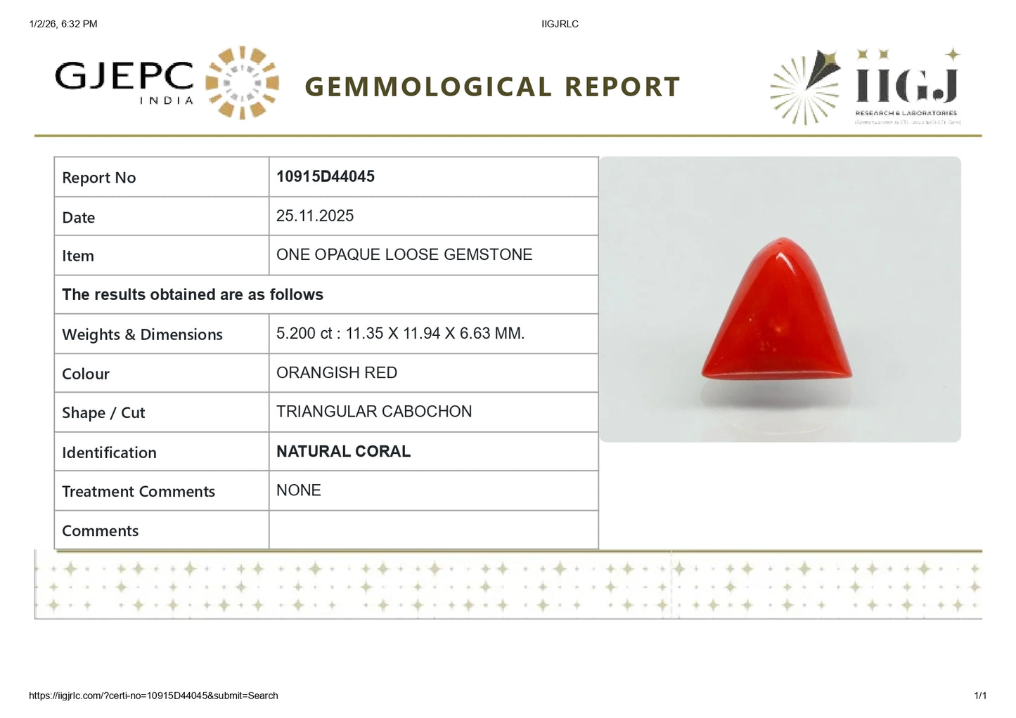 Natural Italian Red Coral (Moonga) 5.20 Carats