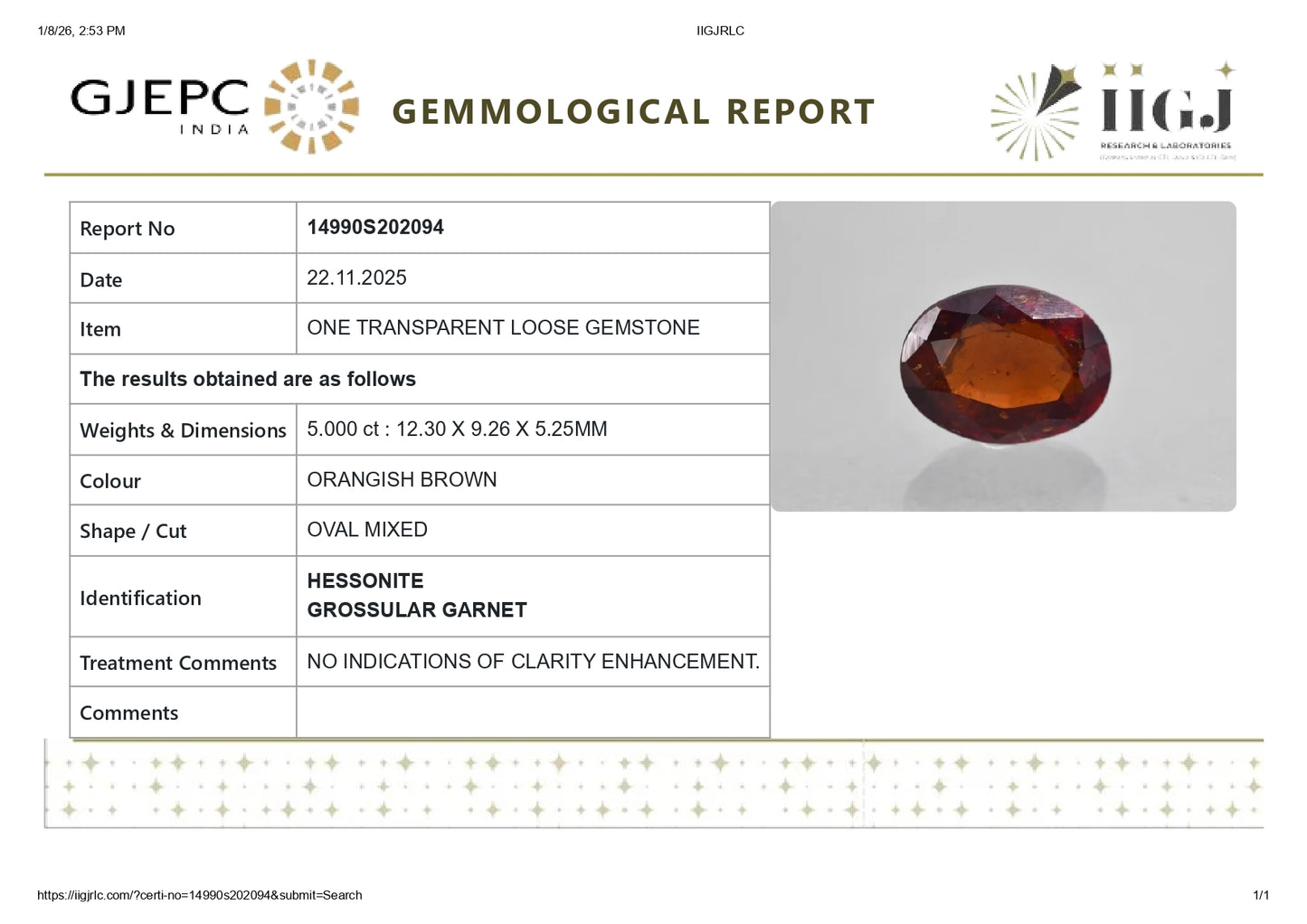 Natural Sri-Lankan Hessonite (Gomed) 5.00 Carats