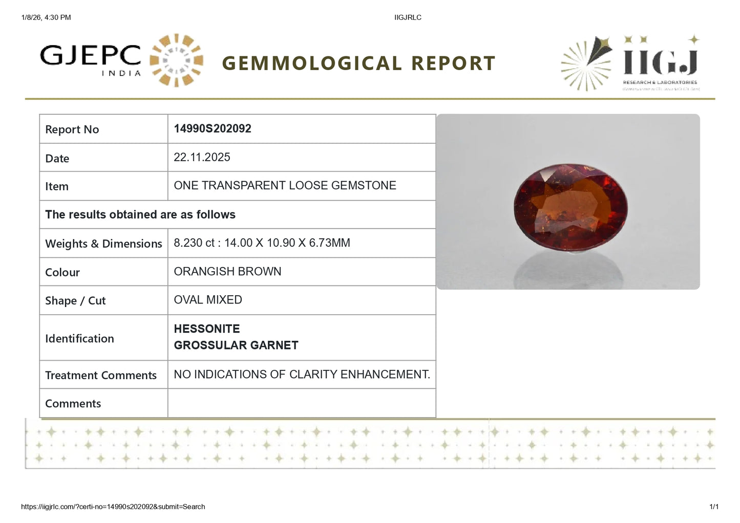 Natural Sri-Lankan Hessonite (Gomed) 8.23 Carats
