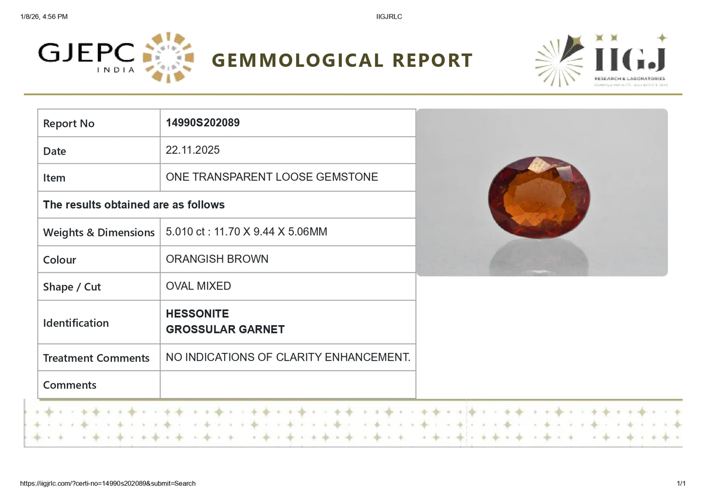 Natural Sri-Lankan Hessonite (Gomed) 5.01 Carats