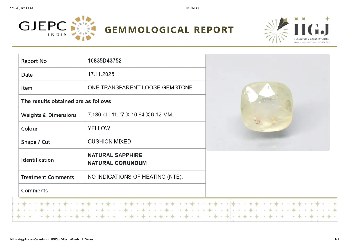 Natural Yellow Sapphire (Pukhraj) 7.13  Carats