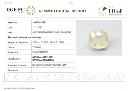 Natural Yellow Sapphire (Pukhraj) 7.13  Carats