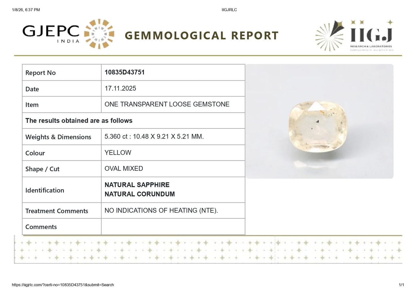 Natural Yellow Sapphire (Pukhraj) 5.36 Carats