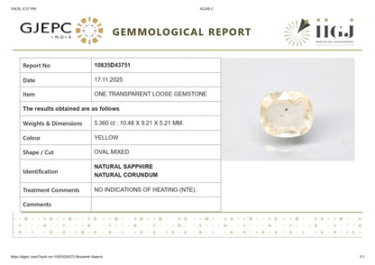 Natural Yellow Sapphire (Pukhraj) 5.36 Carats
