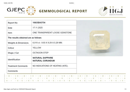 NATURAL YELLOW SAPPHIRE (PUKHRAJ) 6.01 CARATS