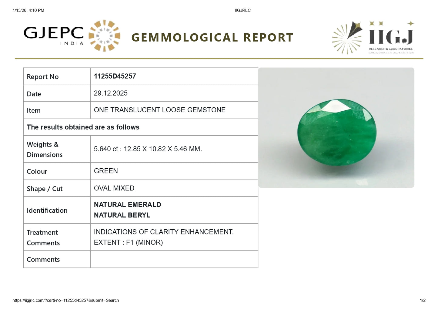 Natural Zambian Emerald (Panna) 5.64 Carats