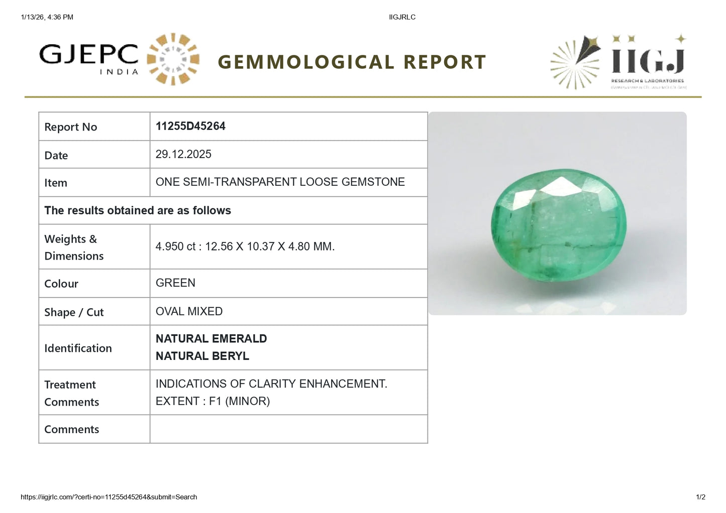 Natural Zambian Emerald (Panna) 4.95  Carats