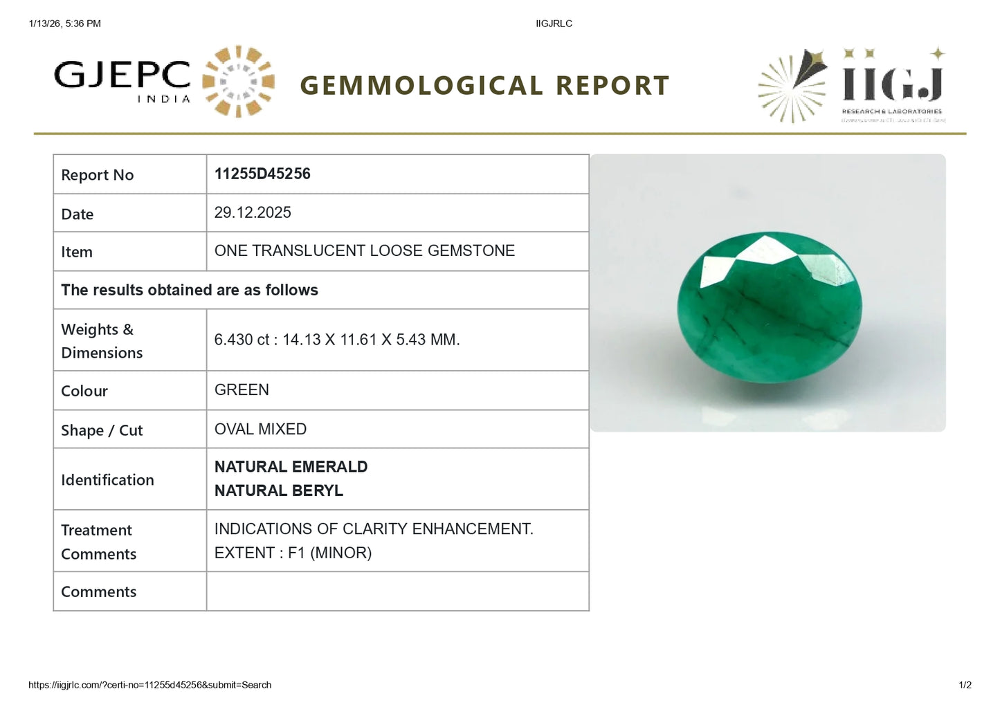 Natural Zambian Emerald (Panna) 6.43 Carats
