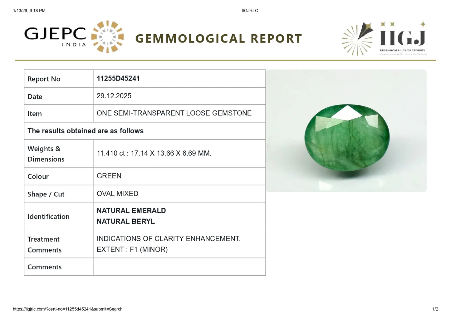 Natural Zambian Emerald (Panna) 11.41 Carats