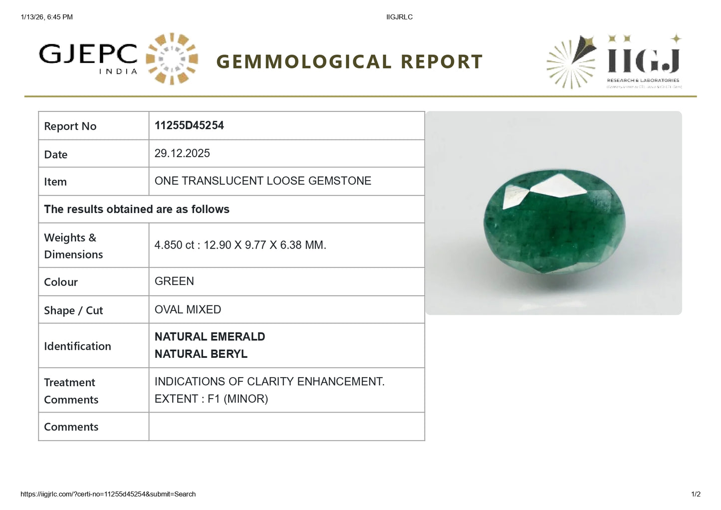 Natural Zambian Emerald (Panna) 4.85 Carats