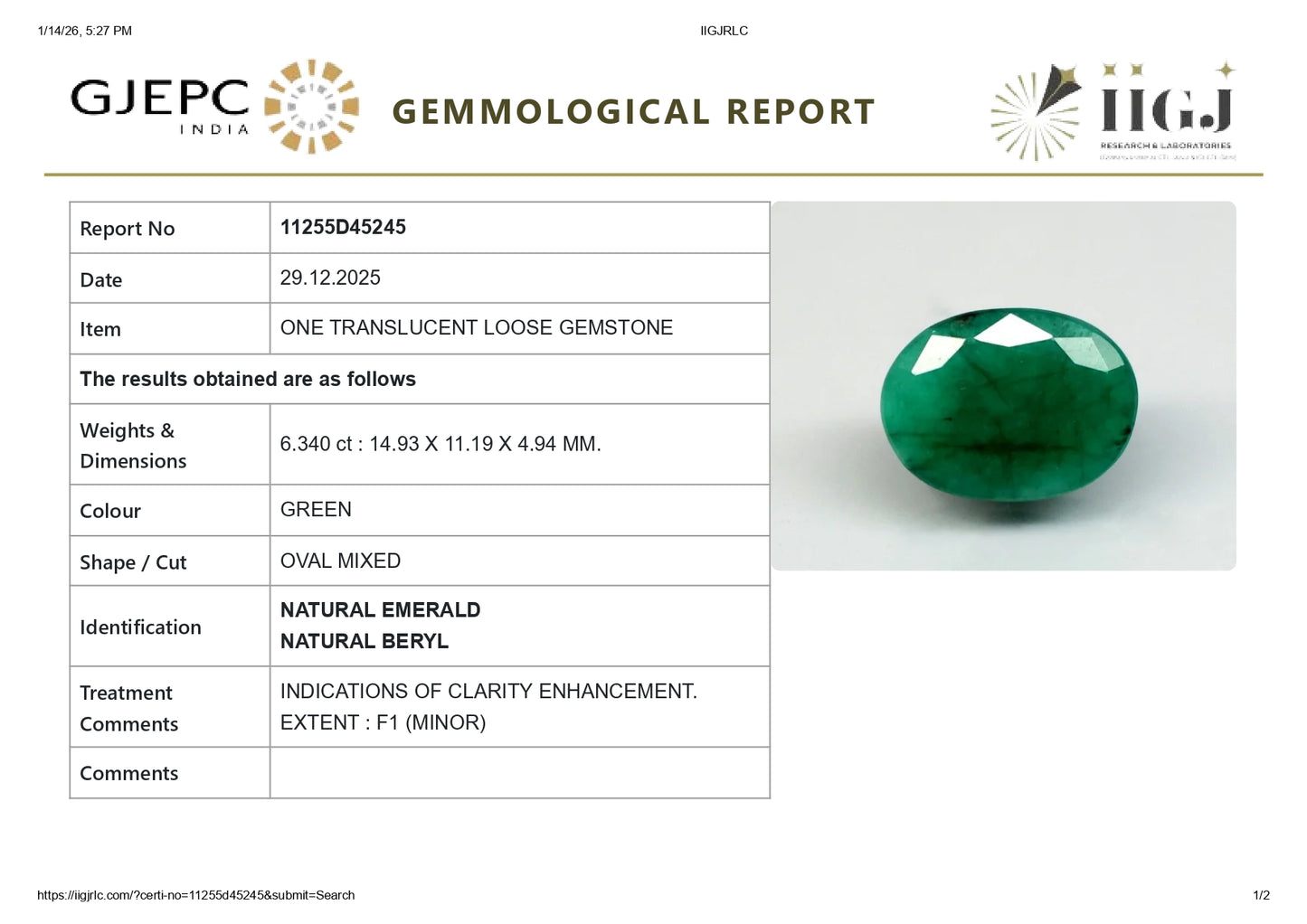 Natural Zambian Emerald (Panna) 6.34 Carats