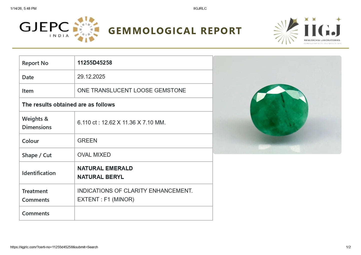 Natural Zambian Emerald (Panna) 6.11 Carats