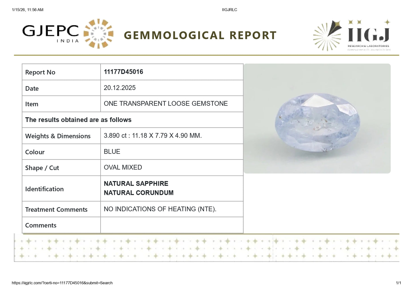 Natural Blue Sapphire (Neelam) 3.89 Carats
