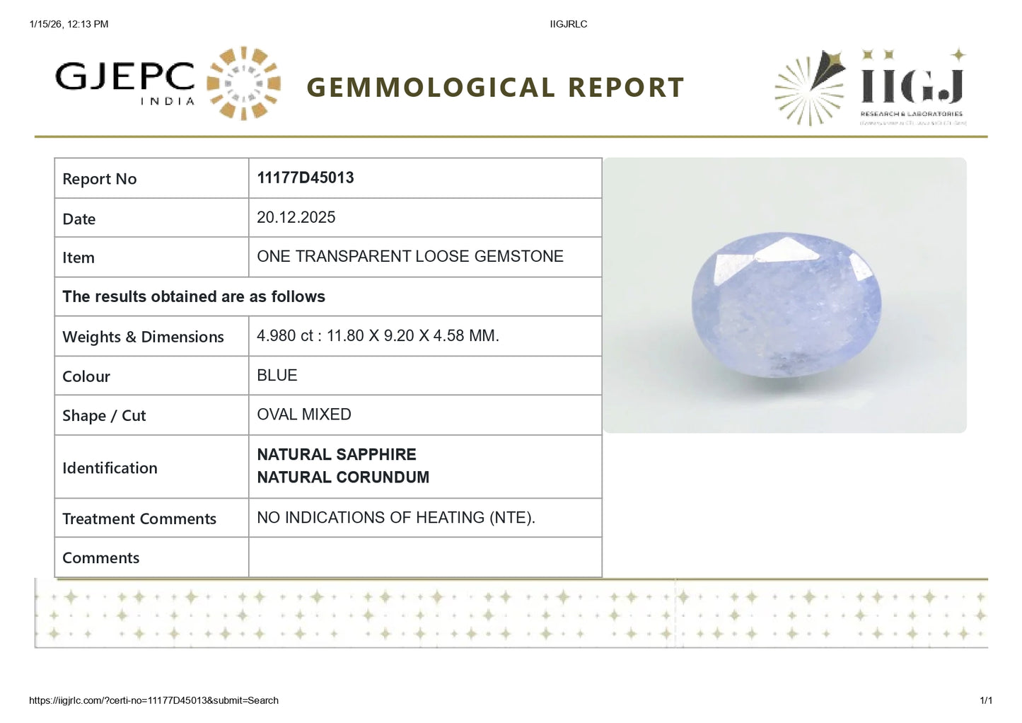 Natural Blue Sapphire (Neelam) 4.98 Carats