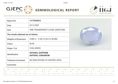 Natural Blue Sapphire (Neelam) 4.98 Carats