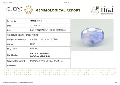 Natural Blue Sapphire (Neelam) 4.81 Carats