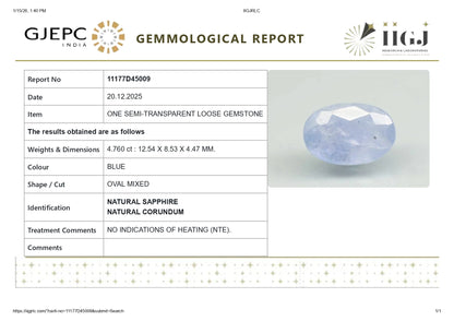 Natural Blue Sapphire (Neelam) 4.76 Carats
