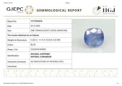 Natural Blue Sapphire (Neelam) 5.32 Carats