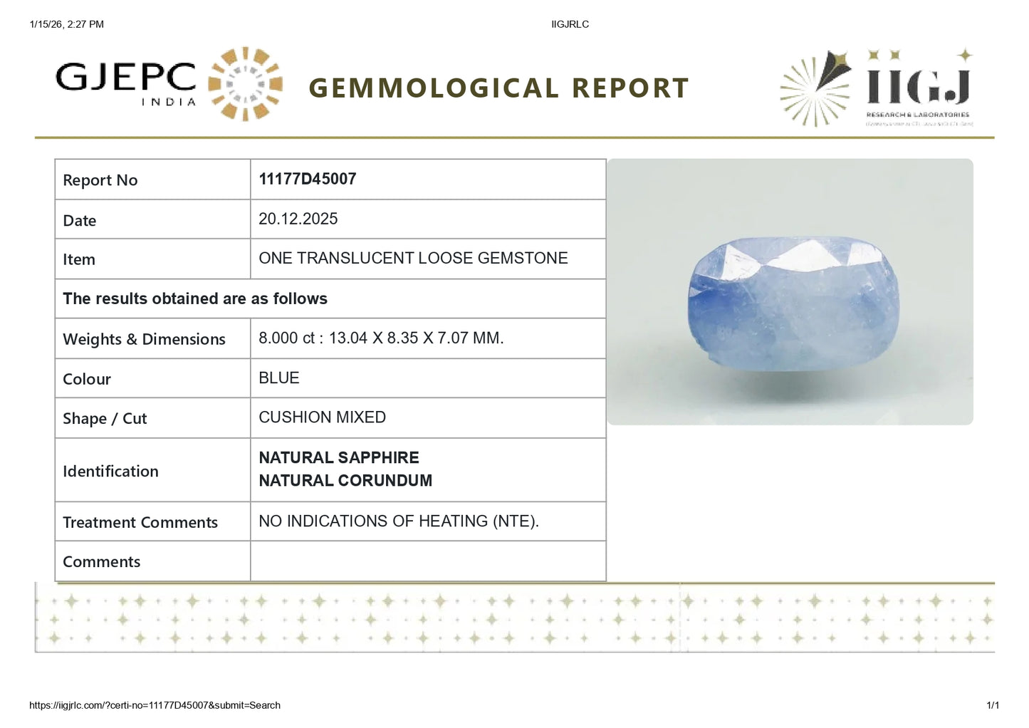 Natural Blue Sapphire (Neelam) 8.00 Carats