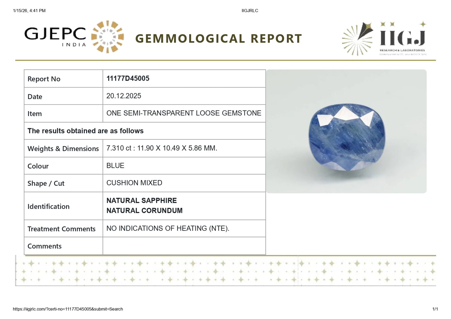 Natural Blue Sapphire (Neelam) 7.31 Carats