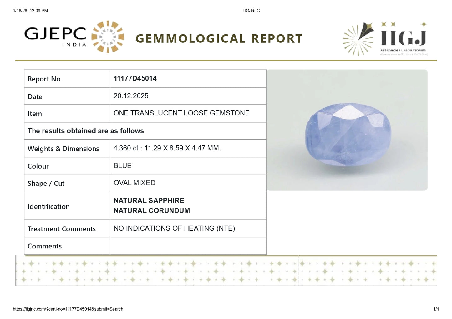 Natural Blue Sapphire (Neelam) 4.36 Carat