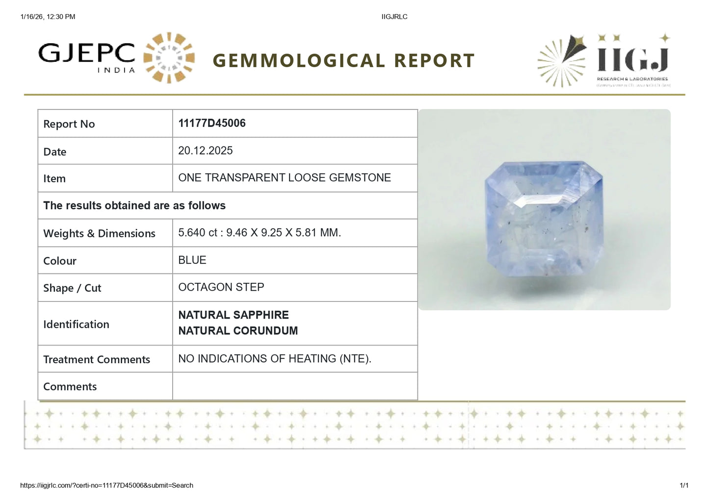 Natural Blue Sapphire (Neelam) 5.64 Carats