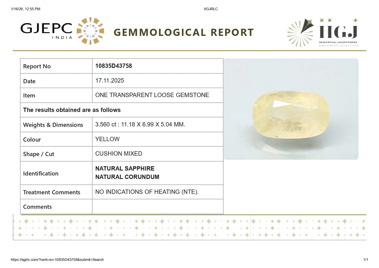 Natural Yellow Sapphire (Pukhraj) 3.56 Carats