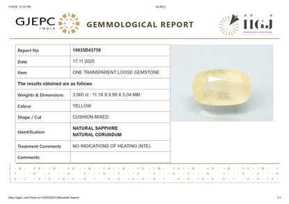 Natural Yellow Sapphire (Pukhraj) 3.56 Carats