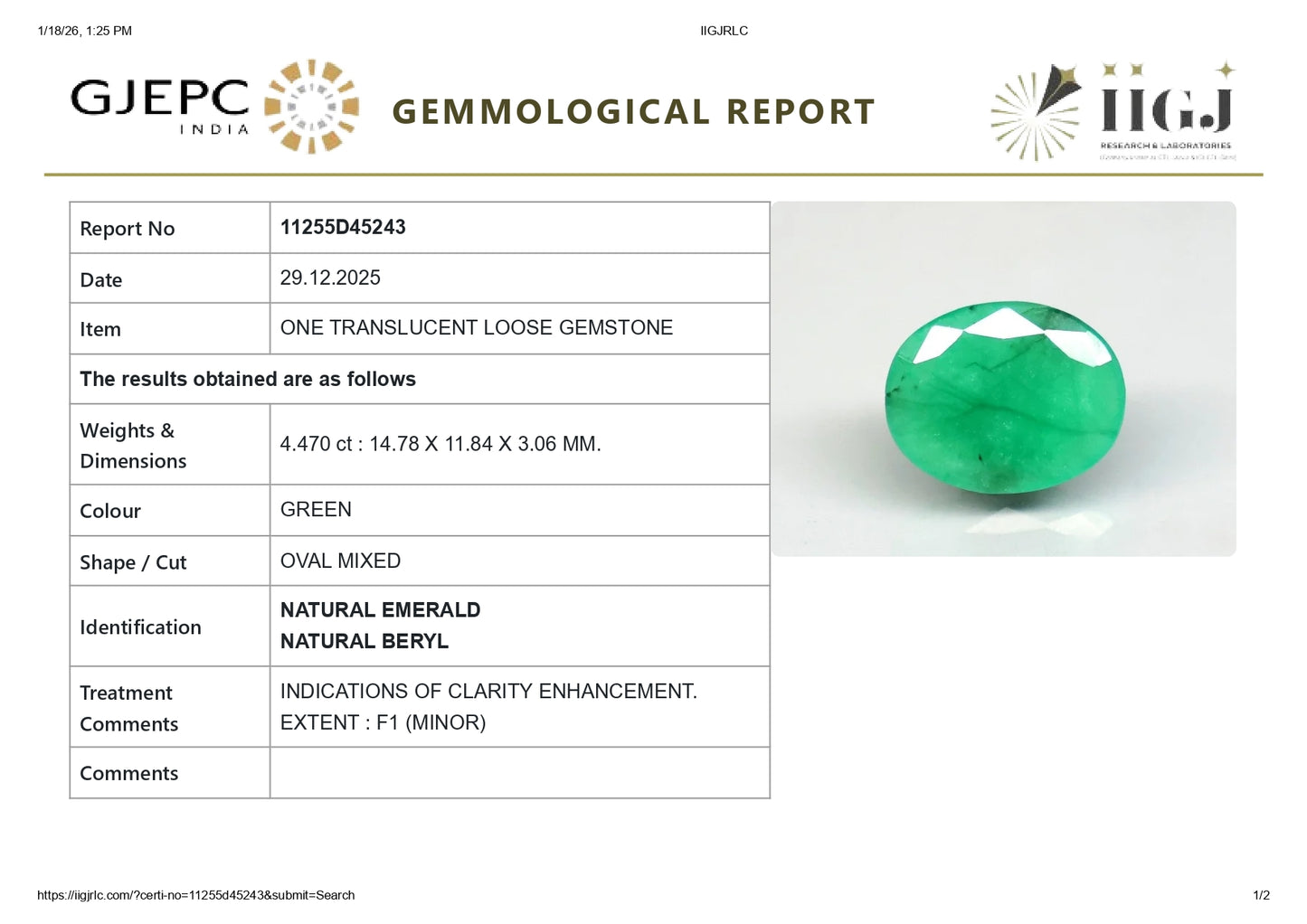 Natural Zambian Emerald (Panna) 4.47 Carats