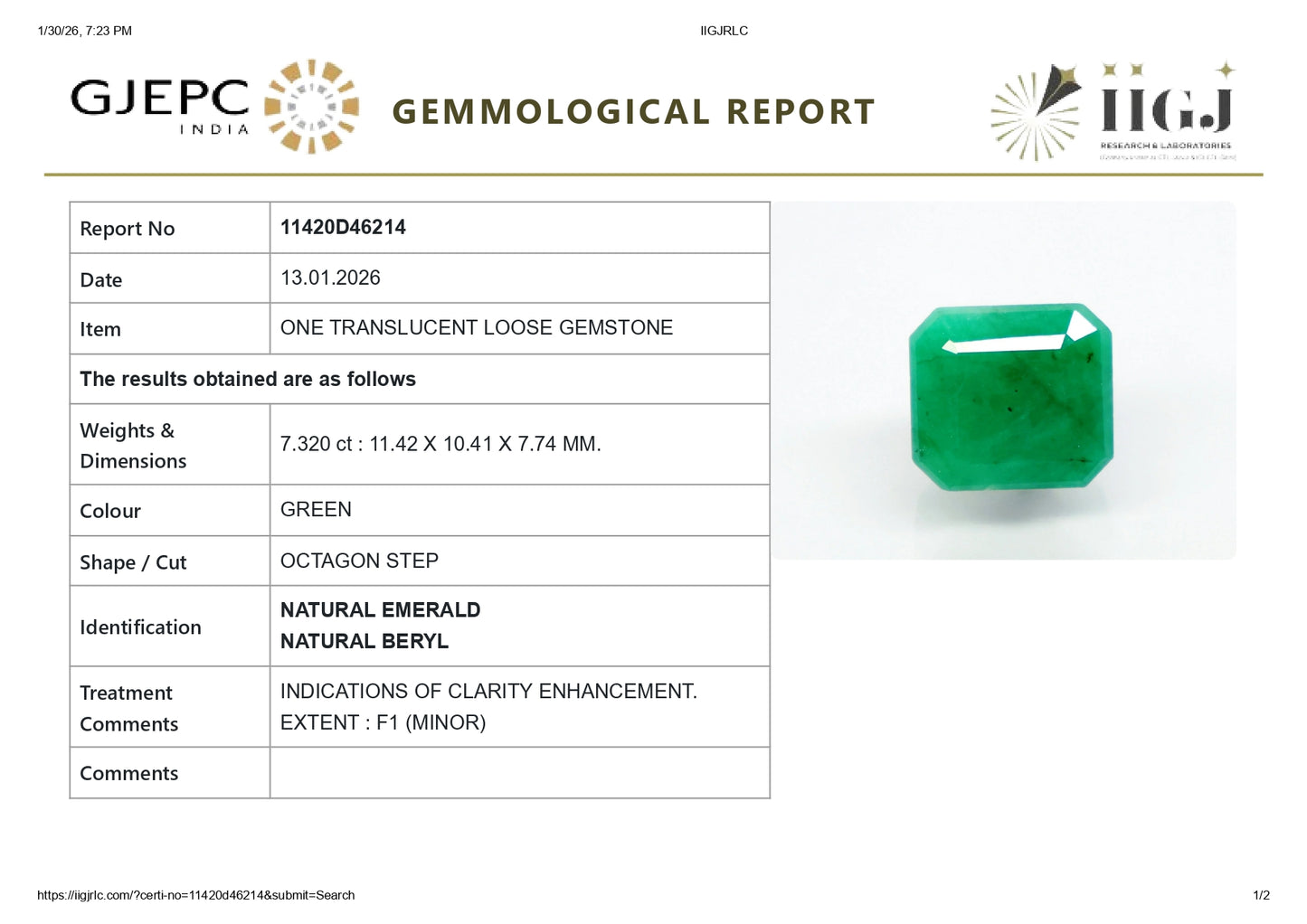 Natural Zambian Emerald (Panna) 7.32 Carats
