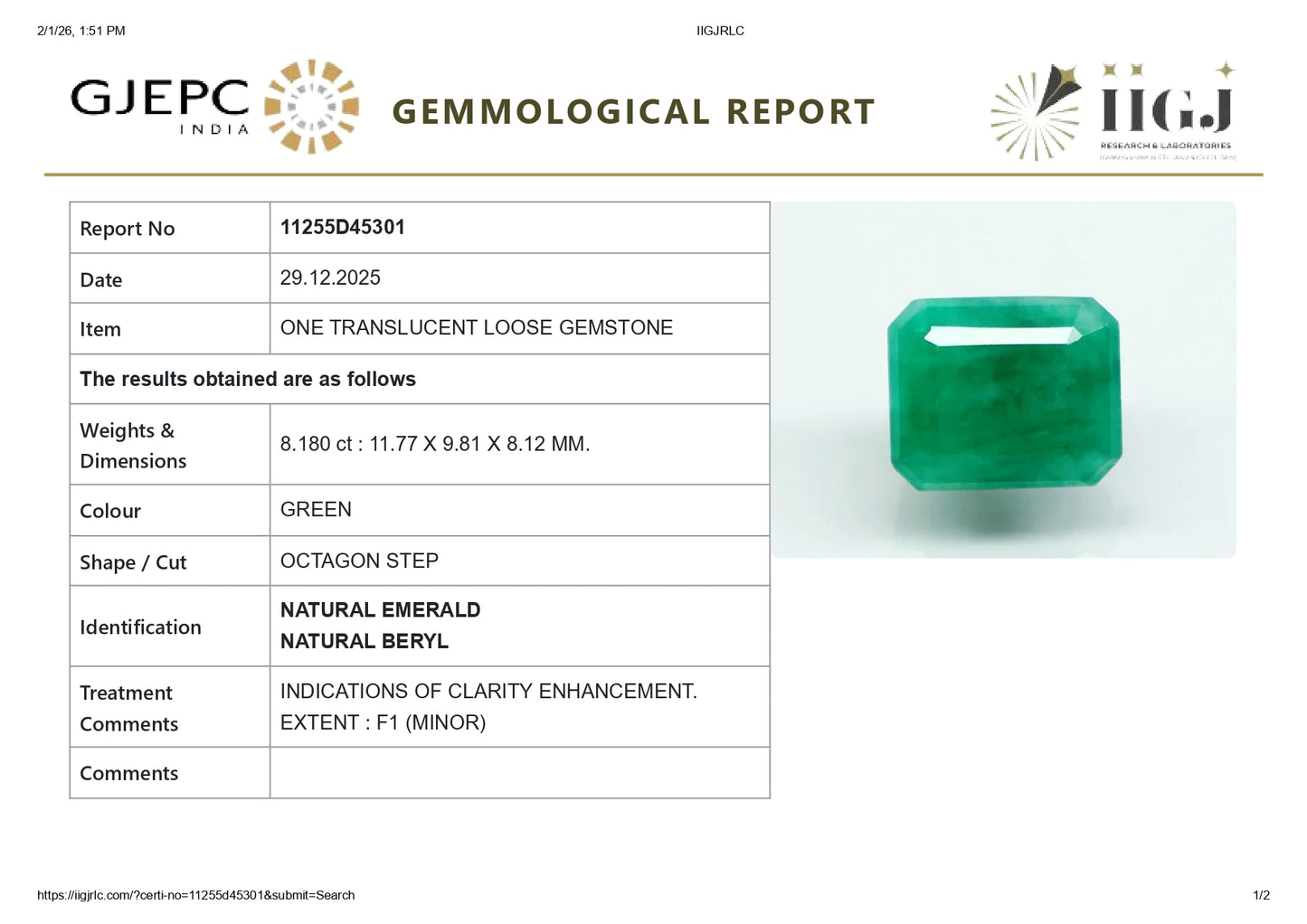 Natural Zambian Emerald (Panna) 8.18 Carats