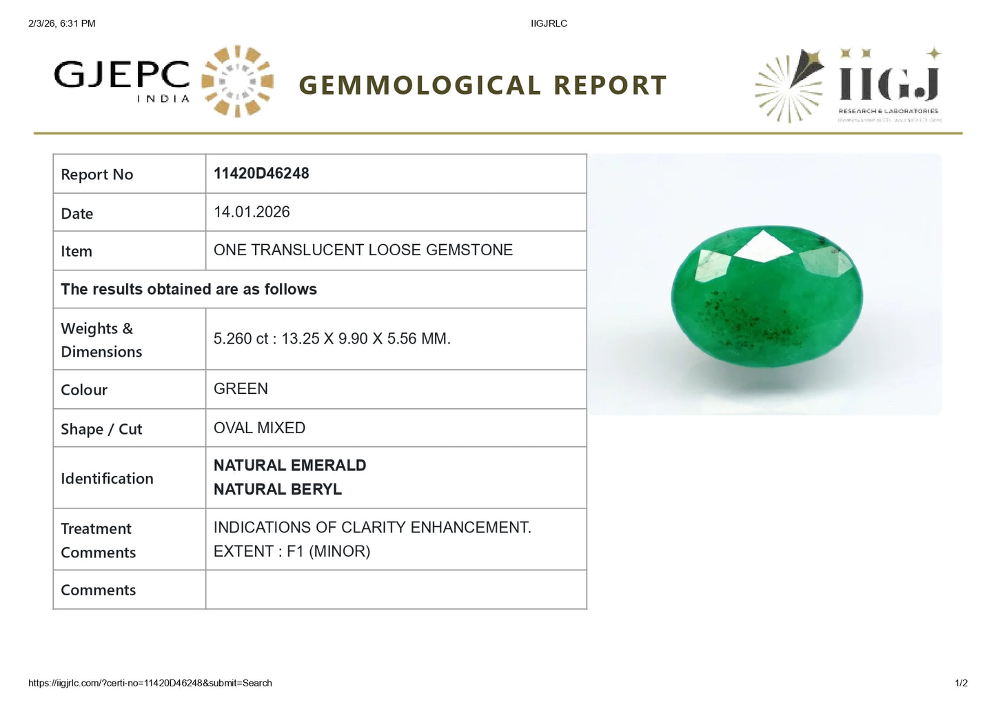Natural Zambian Emerald (Panna) 5.26 Carats