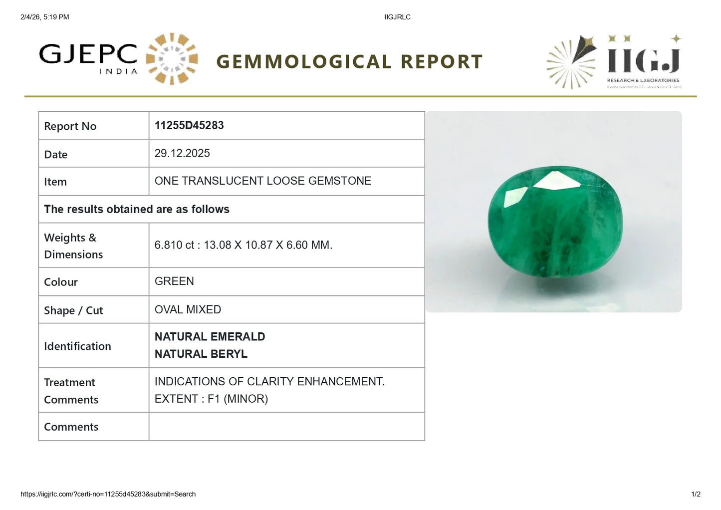 Natural Zambian Emerald (Panna) 6.81 Carats