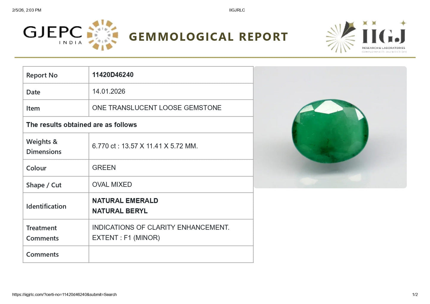 Natural Zambian Emerald (Panna) 6.77 Carats