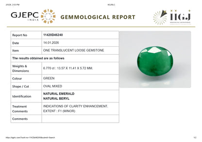 Natural Zambian Emerald (Panna) 6.77 Carats