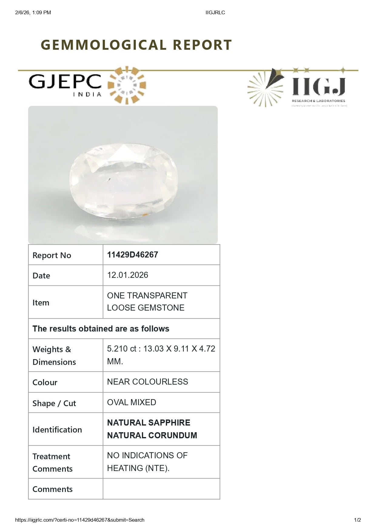 Natural White Sapphire 5.21 Carats