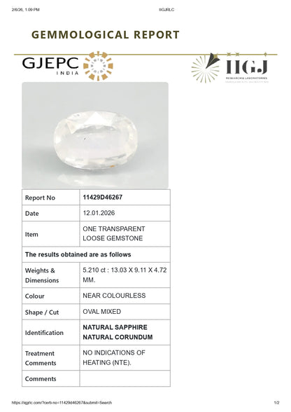 Natural White Sapphire 5.21 Carats