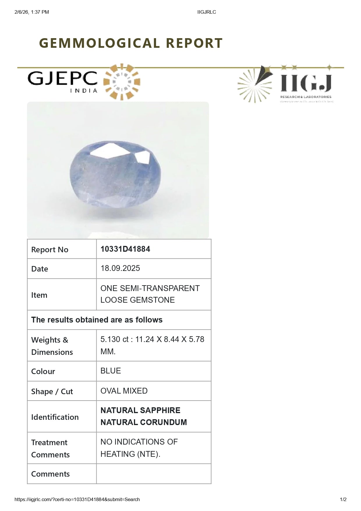 Natural Blue Sapphire (Neelam) 5.13 Carats