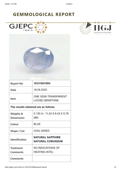 Natural Blue Sapphire (Neelam) 5.13 Carats