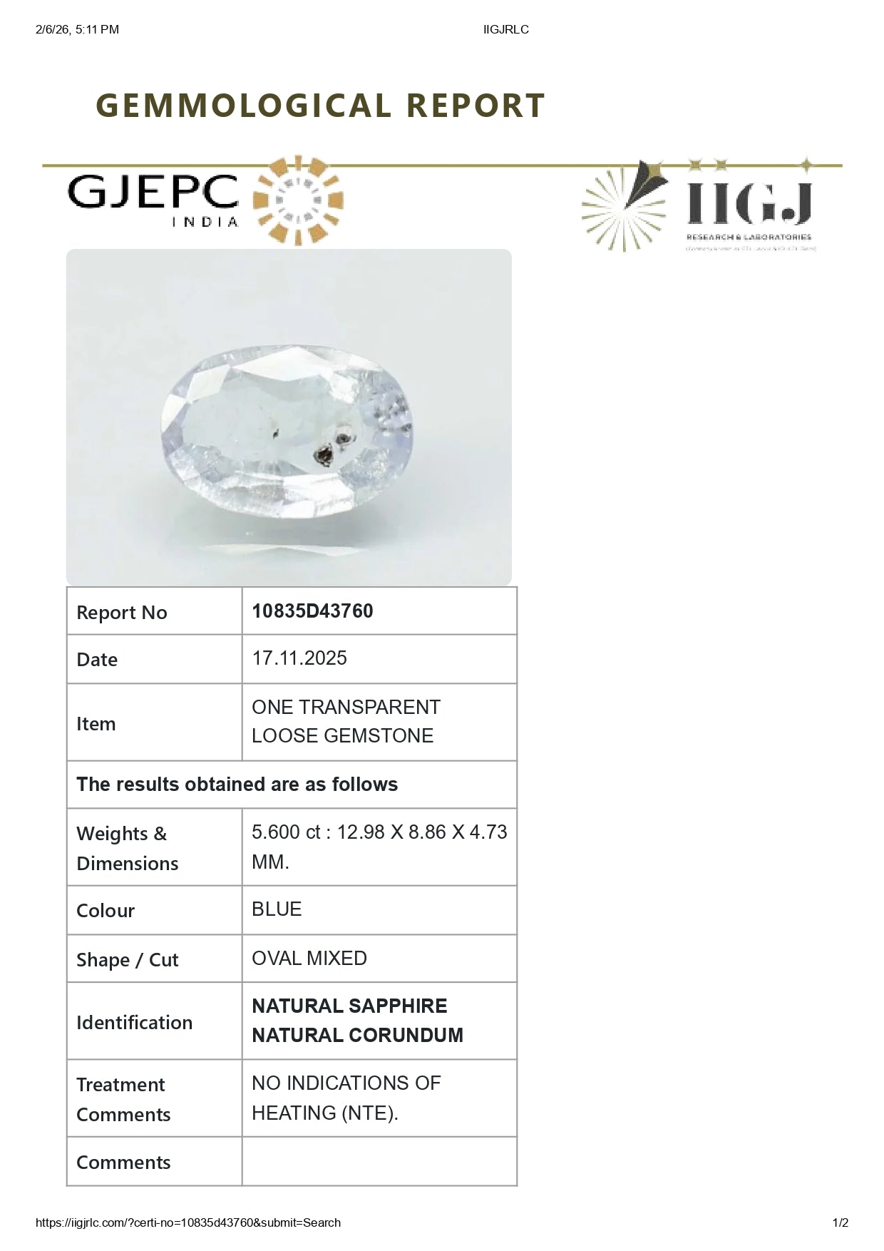 Natural Blue Sapphire (Neelam) 5.60 Carats