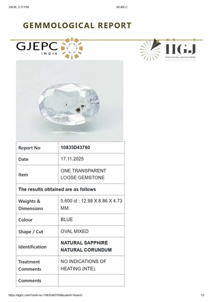 Natural Blue Sapphire (Neelam) 5.60 Carats