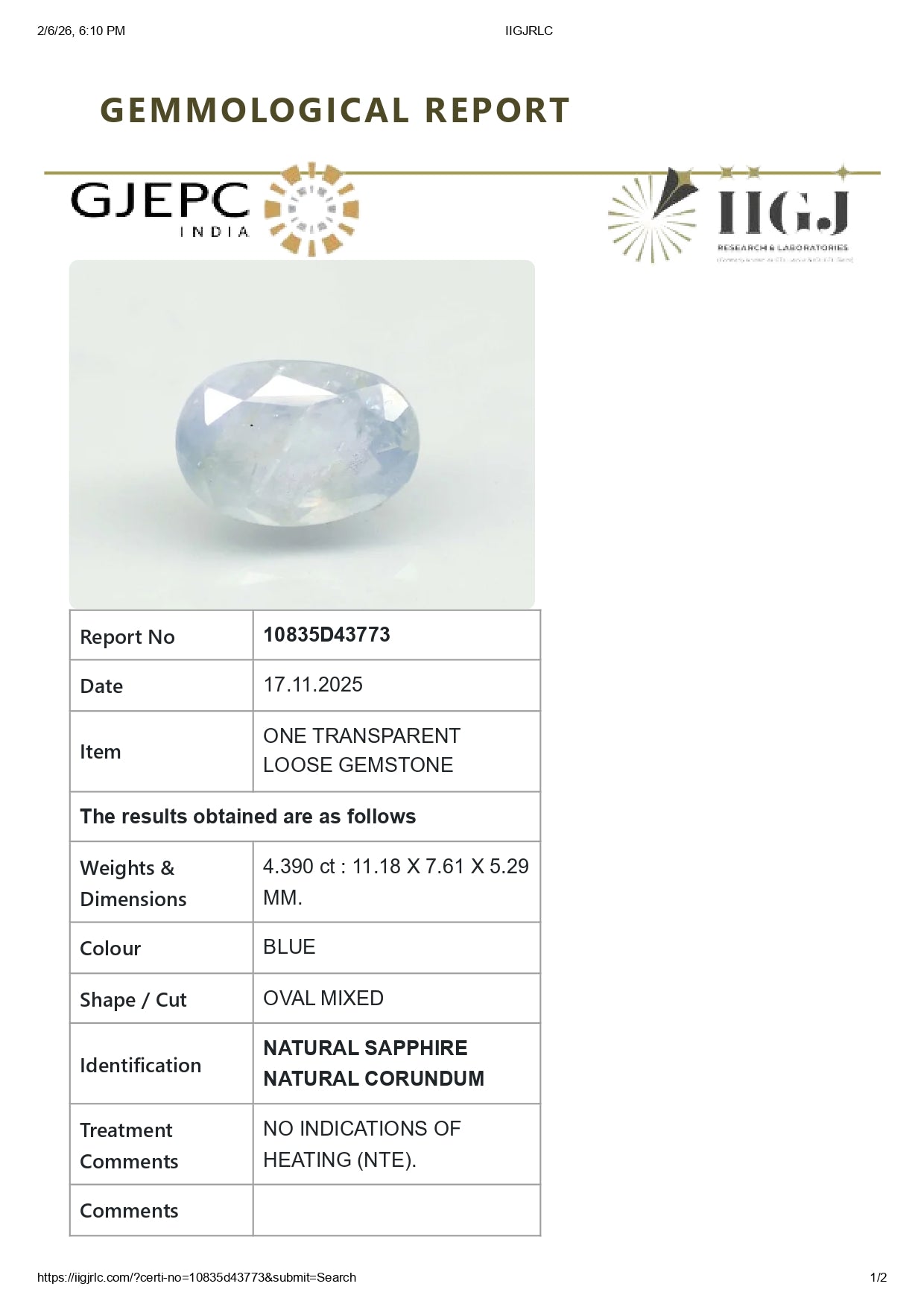 Natural Blue Sapphire (Neelam) 4.39 Carats
