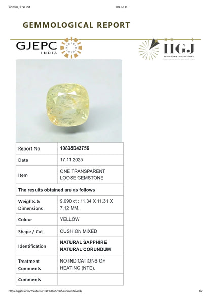 Natural Yellow Sapphire (Pukhraj) 9.09 Carats