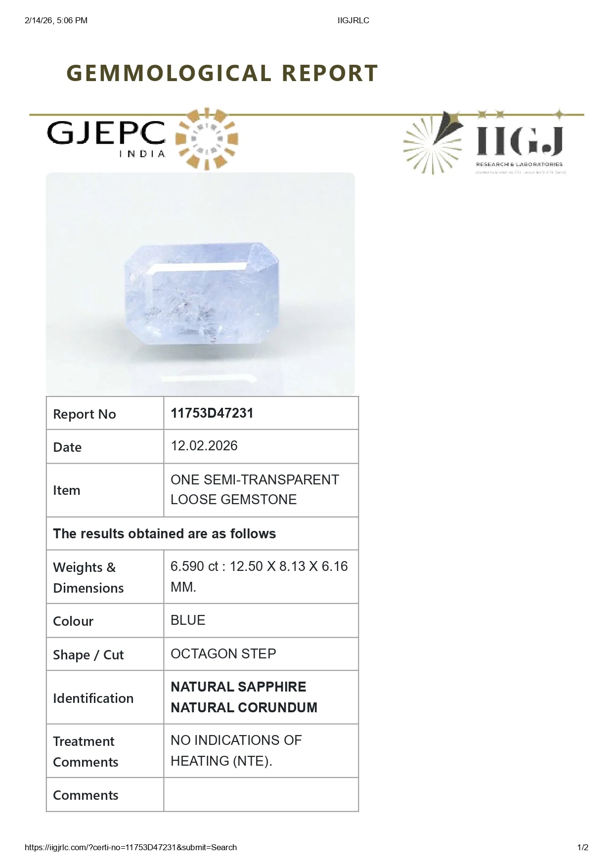 Natural Blue Sapphire (Neelam) 6.59 Carats