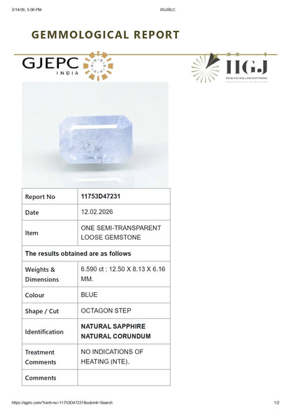 Natural Blue Sapphire (Neelam) 6.59 Carats