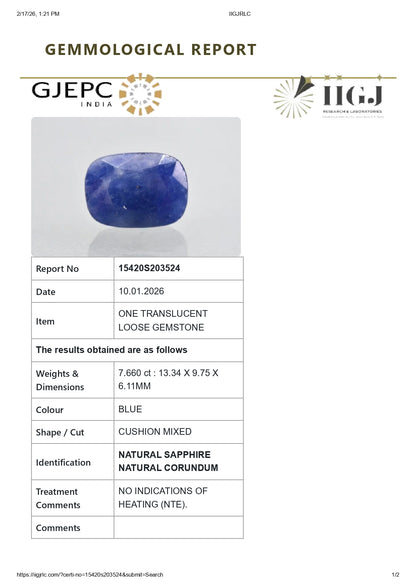 Natural Blue Sapphire (Neelam) 7.66 Carats