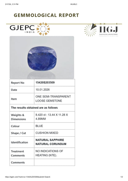 Natural Blue Sapphire (Neelam) 8.42 Carats