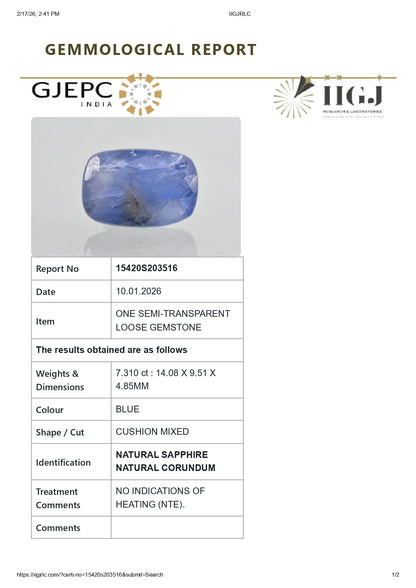 Natural Blue Sapphire (Neelam) 7.31 Carats